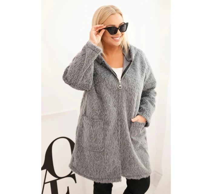 Dámský kabát Plus Size z viskózy na zip s kapucí šedý