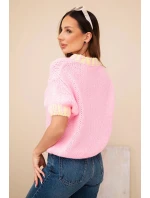 Dámský svetr s krátkým rukávem a model 21949252 lemem světle růžový - K-Fashion