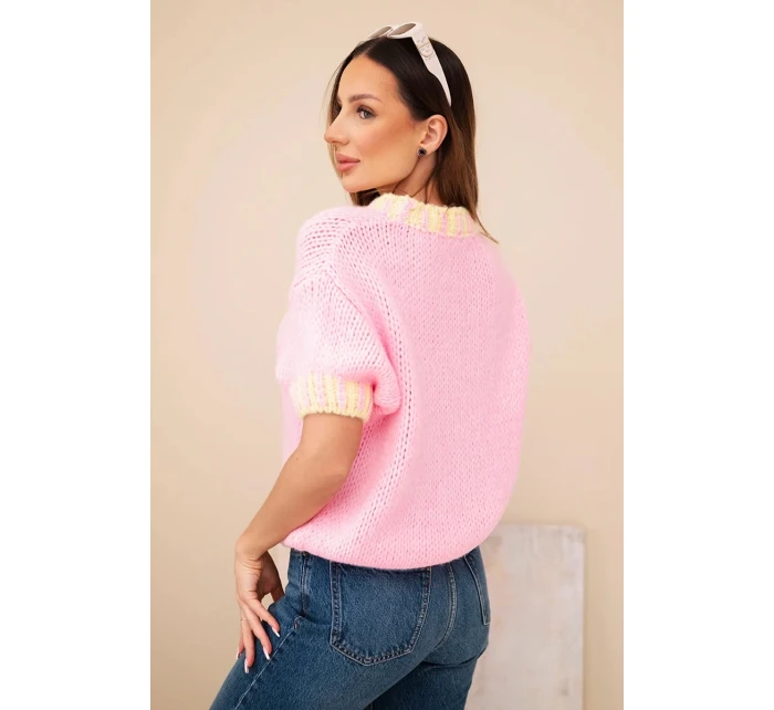 Dámský svetr s krátkým rukávem a model 21949252 lemem světle růžový - K-Fashion