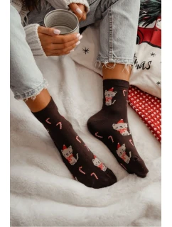 Dámské vánoční ponožky s kočičkami – čokoládové