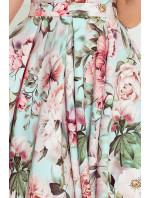 MAYA - Dámské šaty s delším zadním dílem, výstřihem, opaskem a vzorem růžových květů 478-1