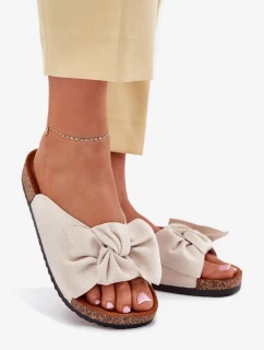 Dámské pantofle na korkové podešvi s mašlí – béžové