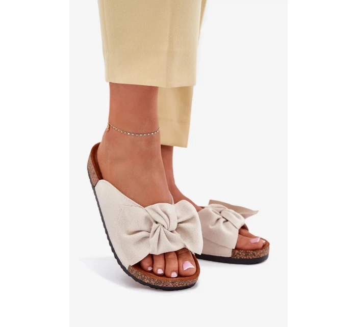 Dámské pantofle na korkové podešvi s mašlí – béžové