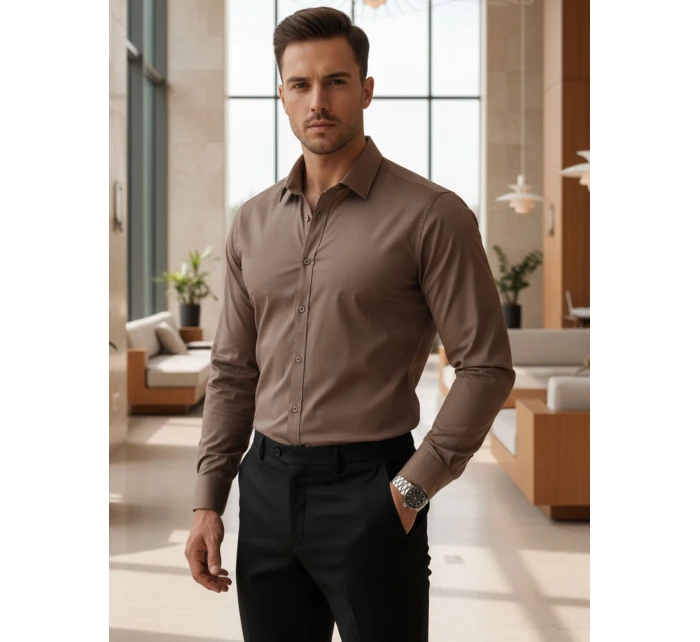 Pánská elegantní hladká hnědá košile REGULAR FIT FashionStreet DX2684