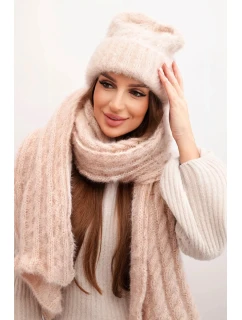 Dámská souprava čepice a šály s proužky s ozdobou béžová