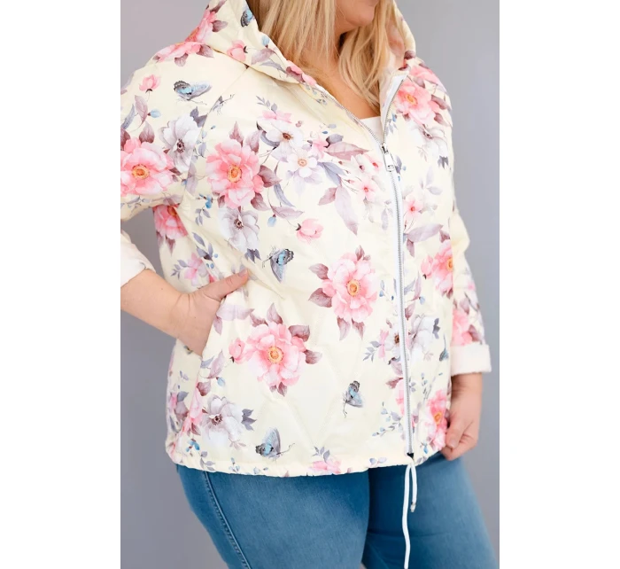 Dámská jarní prošívaná bunda Plus Size s kapucí a květinovým vzorem žlutá