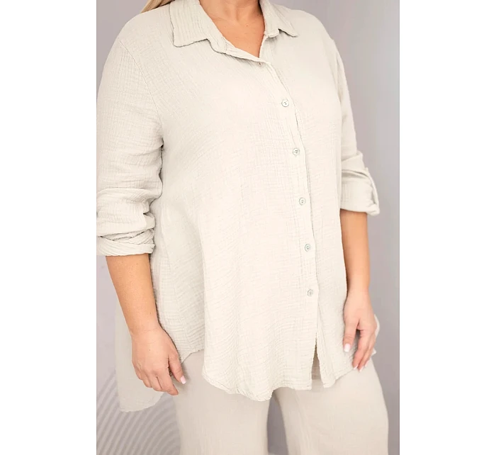 Dámský komplet Plus Size s košilí na knoflíky a s kalhotami s širokou nohavicí béžový model 22069911 - K-Fashion Dámský komplet Plus Size s košilí na knoflíky a s kalhotami s širokou nohavicí béžový model 22069911 - K-Fashion