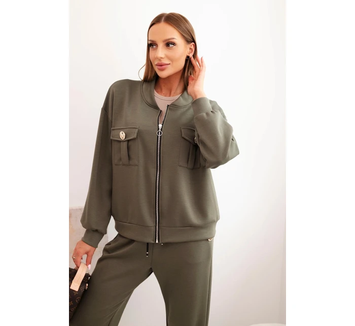Dámský komplet z viskózy s rozepínací mikinou a kalhotami khaki model 21285295 - K-Fashion Dámský komplet z viskózy s rozepínací mikinou a kalhotami khaki model 21285295 - K-Fashion