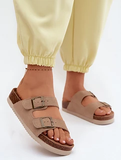 Kožené semišové dámské pantofle s přezkami tmavě béžové model 22125558 - Boto