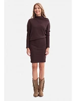 B309 Žebrový úplet blůzových šatů - tmavá čokoláda