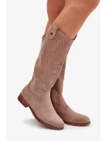 Dámské kozačky na nízkém podpatku s perforovaným vzorem S.Barski – béžové, eko kůže Dámské kozačky na nízkém podpatku s perforovaným vzorem S.Barski – béžové, eko kůže
