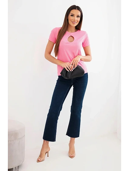 Dámská viskózová žebrovaná halenka s ozdobným výstřihem na model 22025244 růžová - K-Fashion