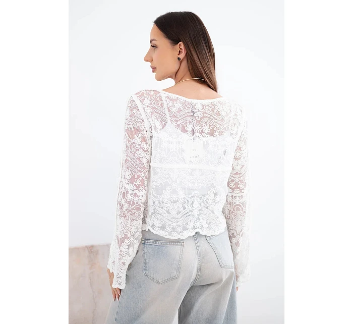 Dámský bavlněný krajkový svetr zapínaný na knoflíky s dlouhým rukávem bílý