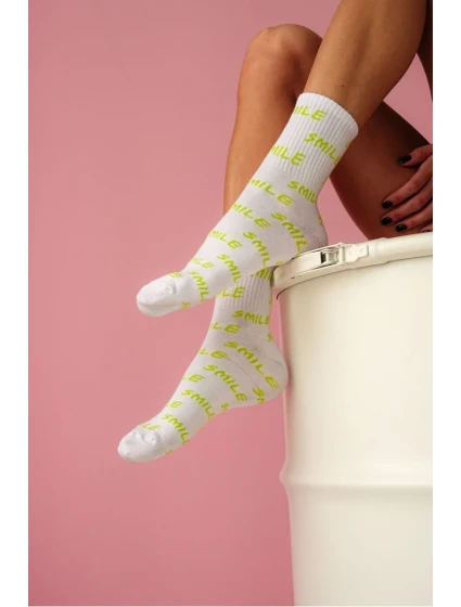 Dámské Bavlněné Ponožky S Nápisem Smile Bílé