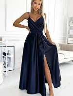 512-2 JULIET elegantní dlouhé saténové šaty s výstřihem - ZELENÉ