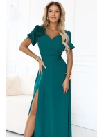 Elegantní dlouhé šaty s páskem a vysokým rozparkem lahvově zelené model 21779075 - numoco Elegantní dlouhé šaty s páskem a vysokým rozparkem lahvově zelené model 21779075 - numoco