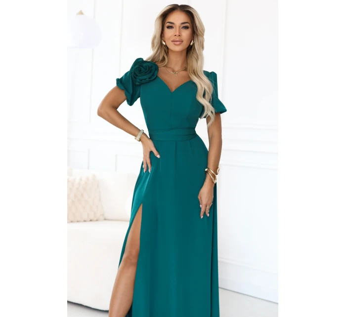 Elegantní dlouhé šaty s páskem a vysokým rozparkem lahvově zelené model 21779075 - numoco Elegantní dlouhé šaty s páskem a vysokým rozparkem lahvově zelené model 21779075 - numoco