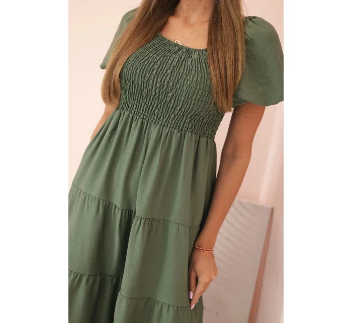 Dámské viskózové šaty s nabíranými rukávy a volánkovým topem khaki