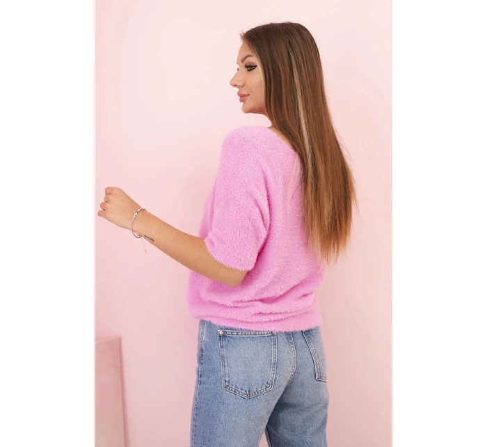 Dámský svetr z měkkého chloupku s V výstřihem krátký rukáv světle růžový Dámský svetr z měkkého chloupku s V výstřihem krátký rukáv světle růžový