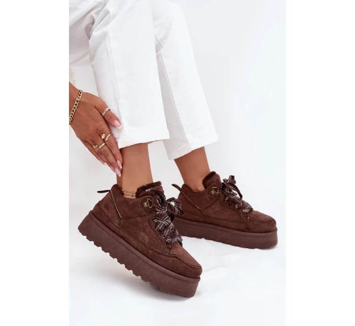 Šněrovací Zimní Boty Ženy Na Platformě Vyteplené Kožešinou Hnědé Tavelle
