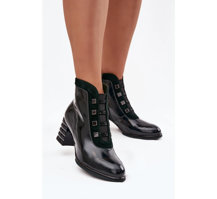 Lakované kožené dámské botky na sloupku D&A – tmavě zelené