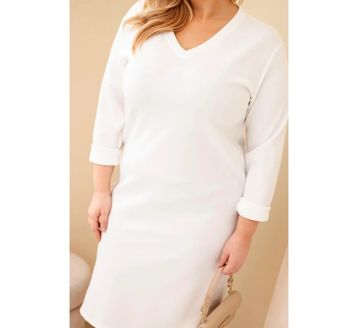 Dámská suknička Plus Size máslová s V výstřihem a rukávem bílá