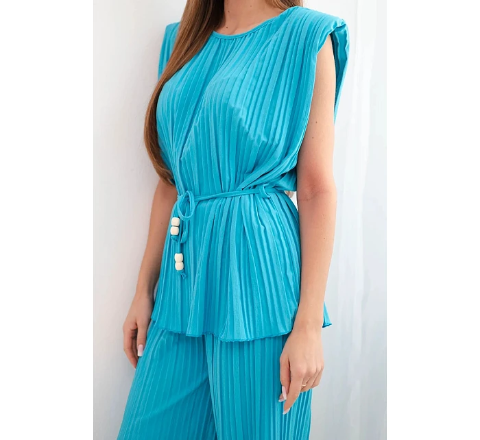 Dámský viskózový komplet se halenkou a širokými kalhotami tyrkysový model 22048847 - K-Fashion Dámský viskózový komplet se halenkou a širokými kalhotami tyrkysový model 22048847 - K-Fashion