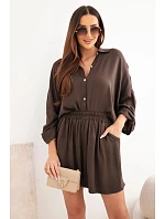 Dámský viskózový komplet košile s knoflíky a volné kraťasy hnědý