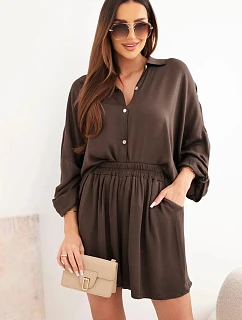Dámský viskózový komplet košile s knoflíky a volné kraťasy hnědý