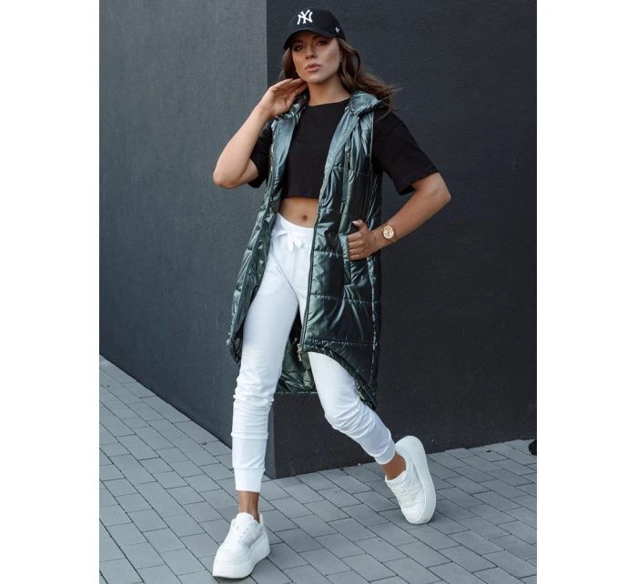 Dámská prošívaná vesta s kapucí dlouhá MERIS tmavě zelená FashionStreet TY4425