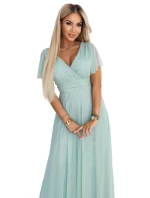 dlouhé třpytivé šaty s výstřihem a krátkými rukávy pistáciová barva model 22019068 - numoco basic