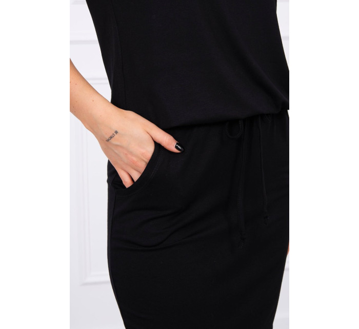 Viskózové šaty se zavazováním v pase s krátkými rukávy černé barvy