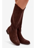 Dámské kozačky s krajkovým vzorem na nízkém podpatku S.Barski HY61-8022 Čokoládové