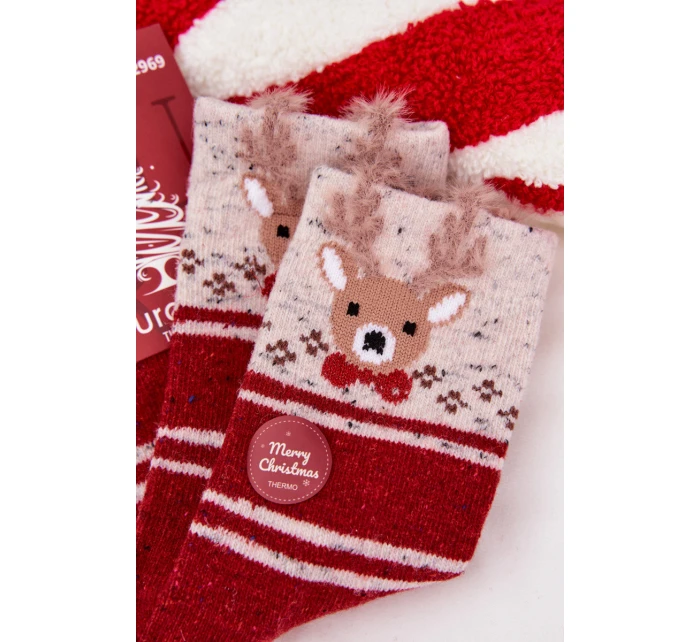 Dámské vánoční ponožky s motivem soba a proužky – červené (vlna alpaka) Dámské vánoční ponožky s motivem soba a proužky – červené (vlna alpaka)