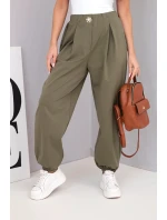 Dámské bavlněné kalhoty s vysokým pasem a ozdobným knoflíkem khaki