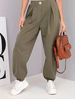 Dámské bavlněné kalhoty s vysokým pasem a ozdobným knoflíkem khaki