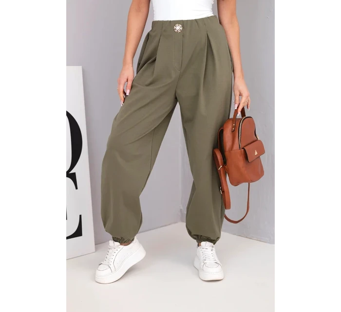 Dámské bavlněné kalhoty s vysokým pasem a ozdobným knoflíkem khaki