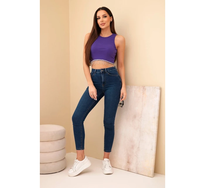 Dámský krátký žebrovaný top z bavlny s ozdobnými třásněmi fialová