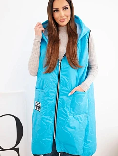 Dámská prošívaná vesta Plus Size s kapucí model 22064343 na zip tyrkysová - K-Fashion