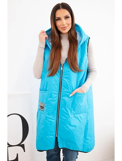 Dámská prošívaná vesta Plus Size s kapucí model 22064343 na zip tyrkysová - K-Fashion