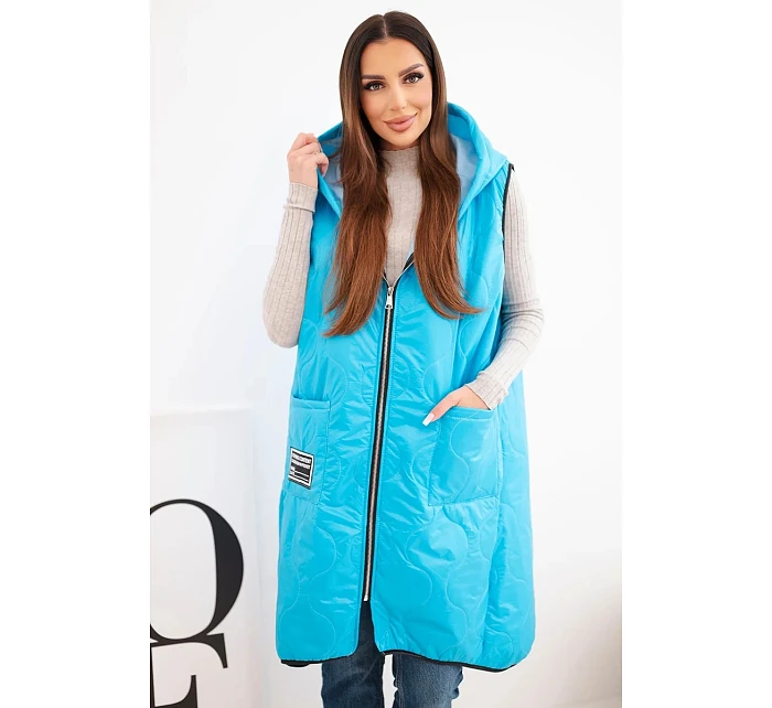 Dámská prošívaná vesta Plus Size s kapucí model 22064343 na zip tyrkysová - K-Fashion