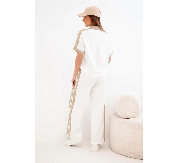 Dámský komplet s polo mikinou a širokými kalhotami máslový camelový