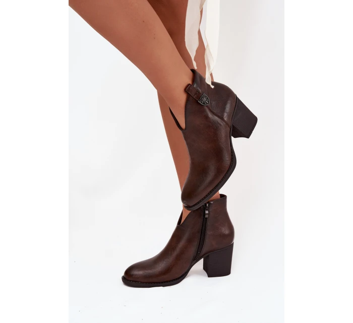 Zateplené dámské kotníkové boty na vysokém podpatku z eko kůže čokoládové talianské