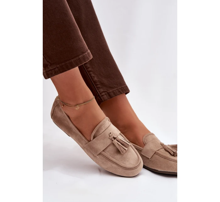 Dámské mokasíny s podrážkou a třásněmi Béžové model 21919048 - Boto