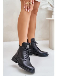 Zateplené Kotníkové Boty Na Ploché Podpatku S Ozdobou Černé Leonise