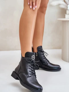 Zateplené Kotníkové Boty Na Ploché Podpatku S Ozdobou Černé Leonise