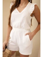 Dámský bavlněný overal bez rukávů s vázáním v pase ecru