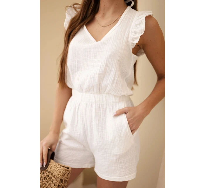 Dámský bavlněný overal bez rukávů s vázáním v pase ecru