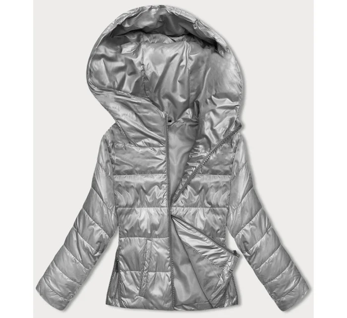 Krátká šedá dámská bunda s kapucí (B8187-9)