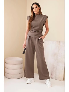 Komplet asymetrická halenka + kalhoty mocca